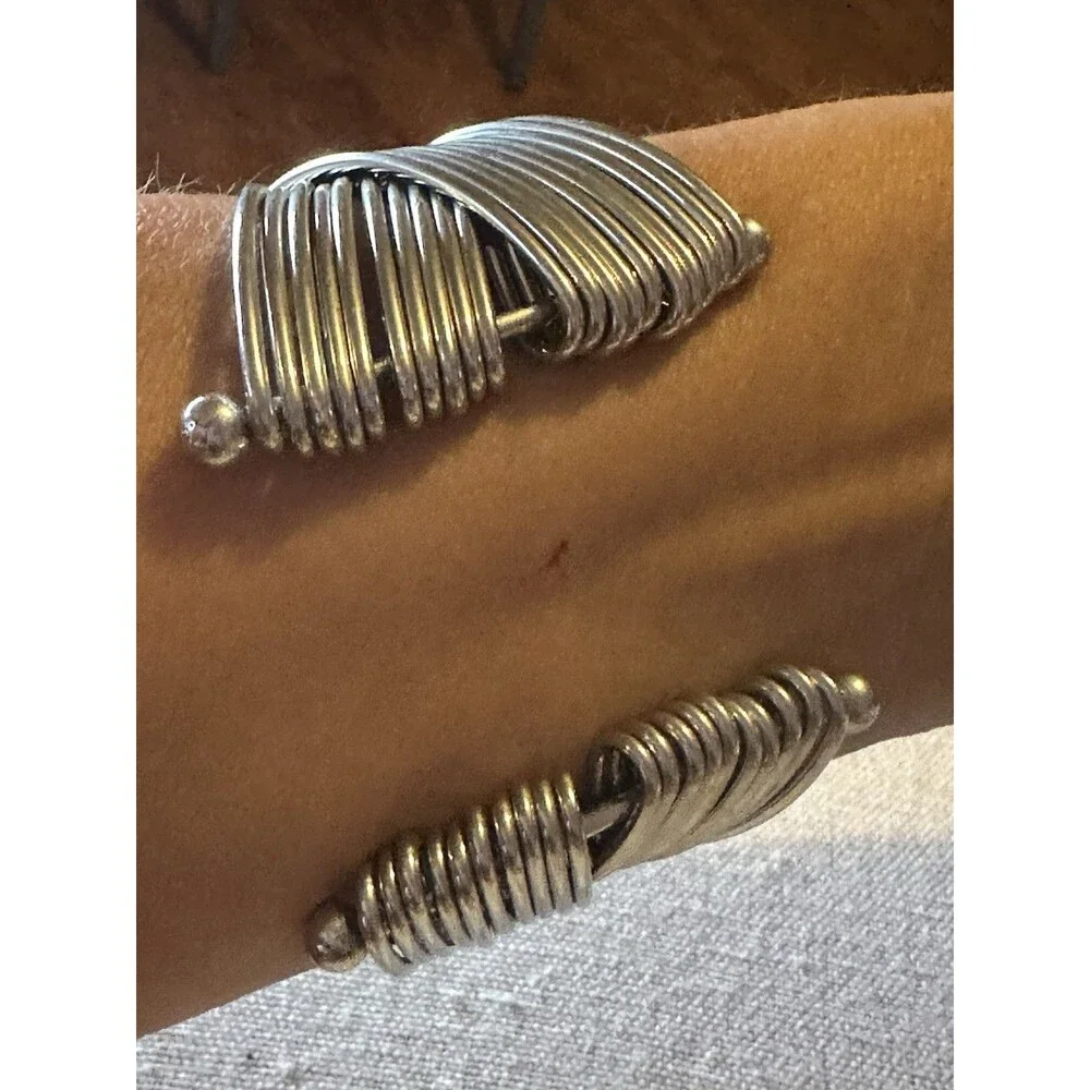 Silver Tone Multi Wire Wrap Cuff Bracelet Wide Open Crossover Statement